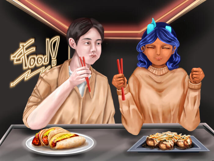 Normal style Couple+simple background+Add food